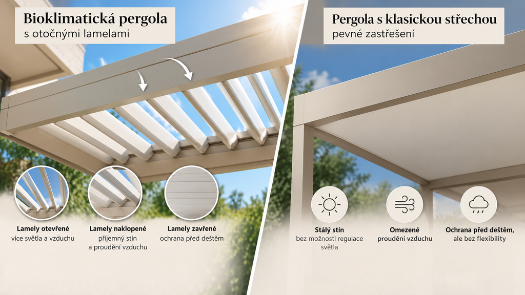 Rozdíl mezi pergolou s otočnými lamelami a s klasickou střechou