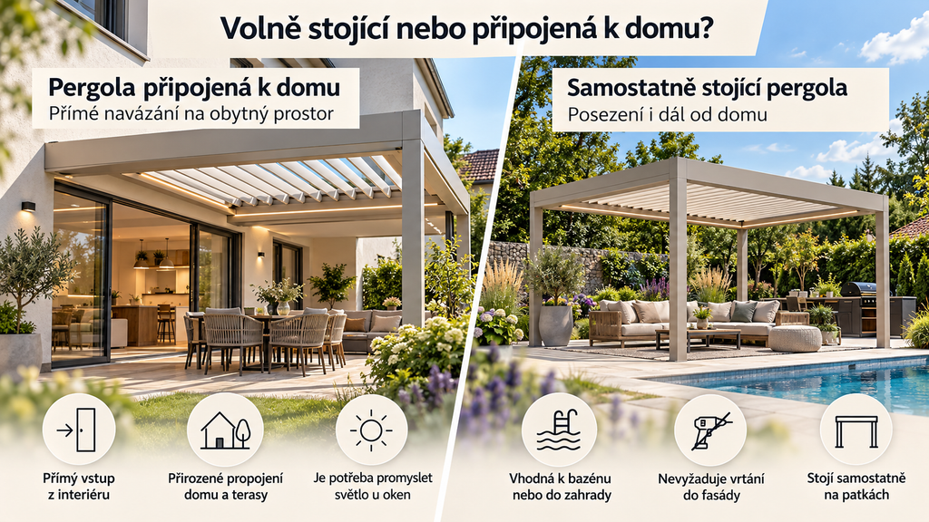 Volně stojící nebo připojená bioklimatická pergola